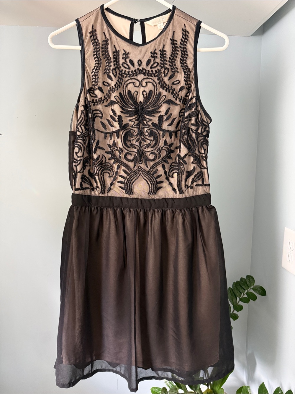 Charming Charlie Black Embroidered Nude-Illusion Dress